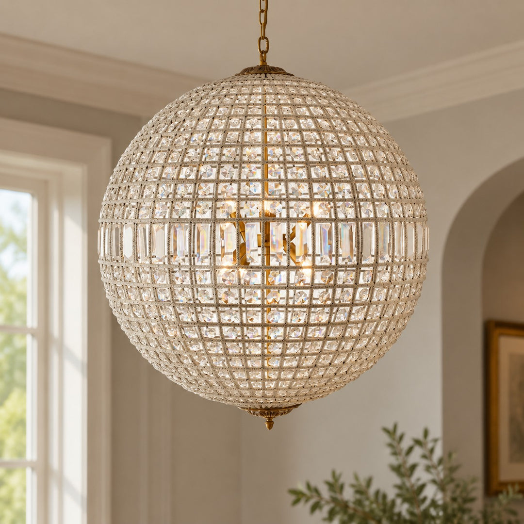 Luxurious Vintage Crystal Globe Chandelier with Antique Brass Finish