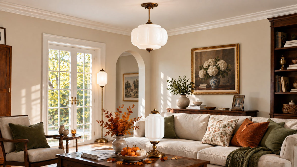 A layered neutral living room with natural wood and warm decorative lighting