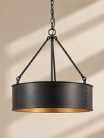 Cargar imagen en el visor de la Galería, Lámpara colgante Velara redonda de tambor negro: estilo industrial vintage para comedor o sala de estar. 