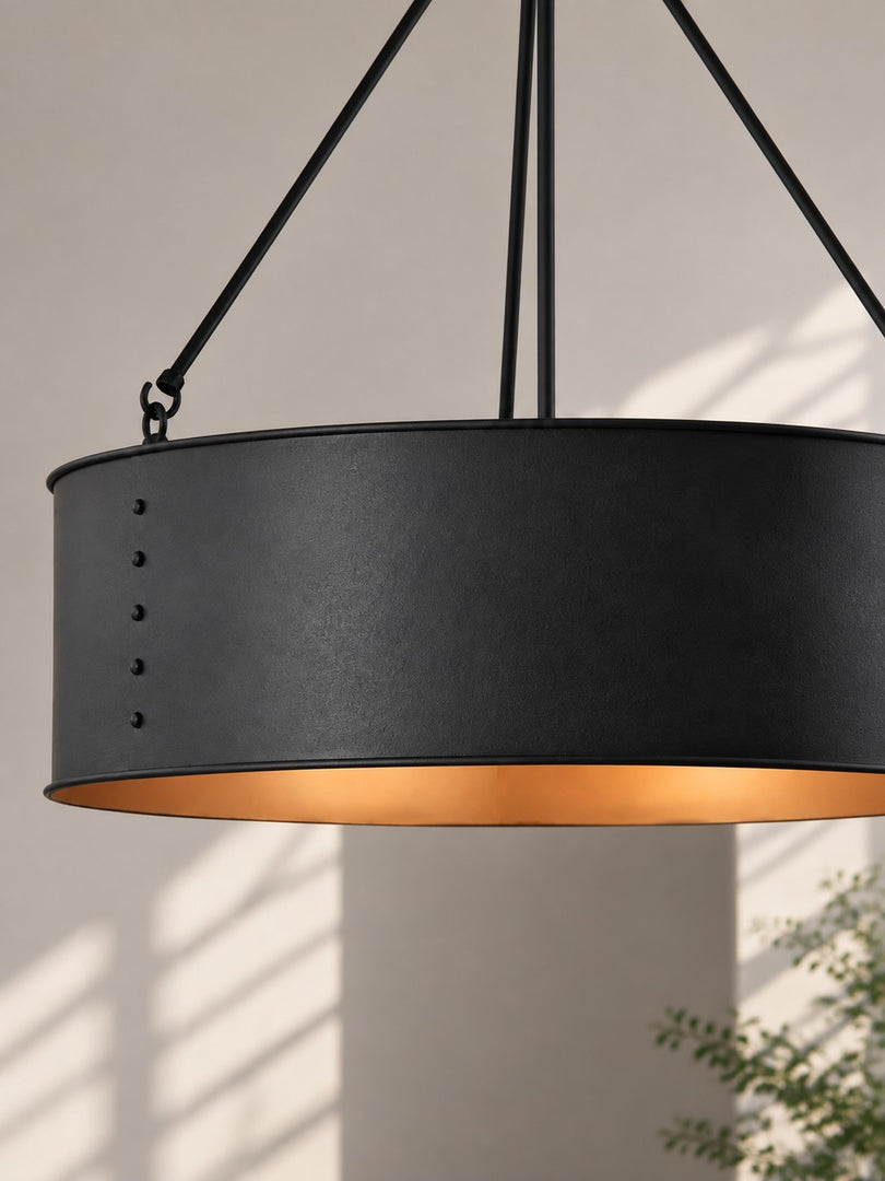 Lámpara colgante Velara redonda de tambor negro: estilo industrial vintage para comedor o sala de estar. 
