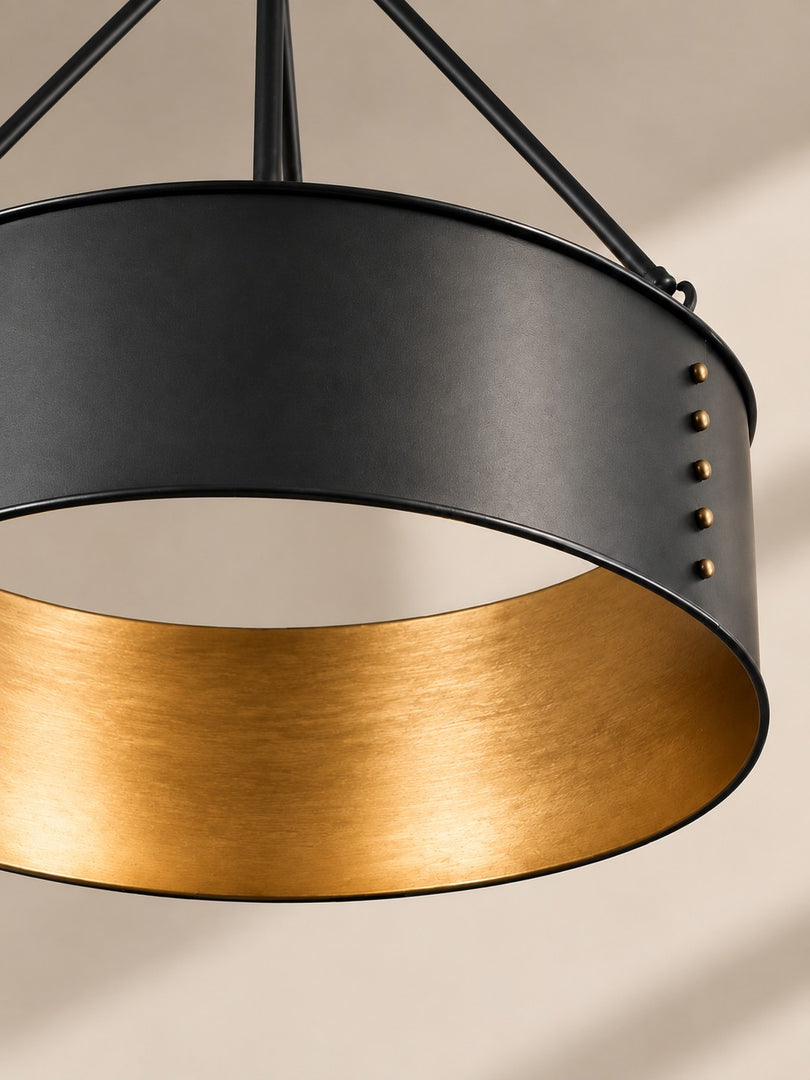 Lámpara colgante Velara redonda de tambor negro: estilo industrial vintage para comedor o sala de estar. 