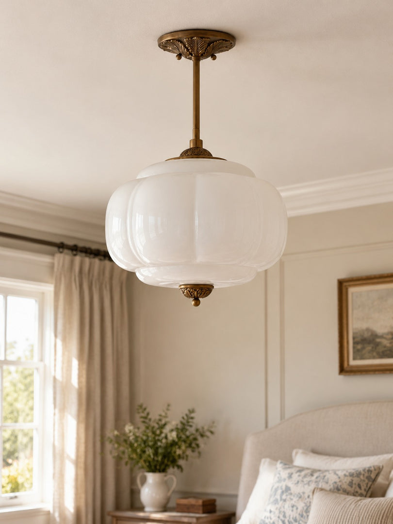 Eloise Scallop Vintage Milk Glass Semi Flush Mount Pendant Light