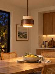 Travira Modern Cylindrical Cole Travertine Wood Pendant Lamp