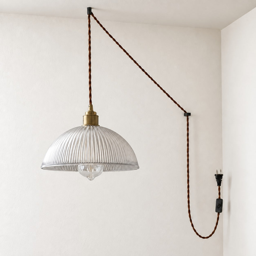 Vintage Ribbed Glass Shade Plug‑in Swag Pendant Light - Hanging Lamp for Dining and Living Room