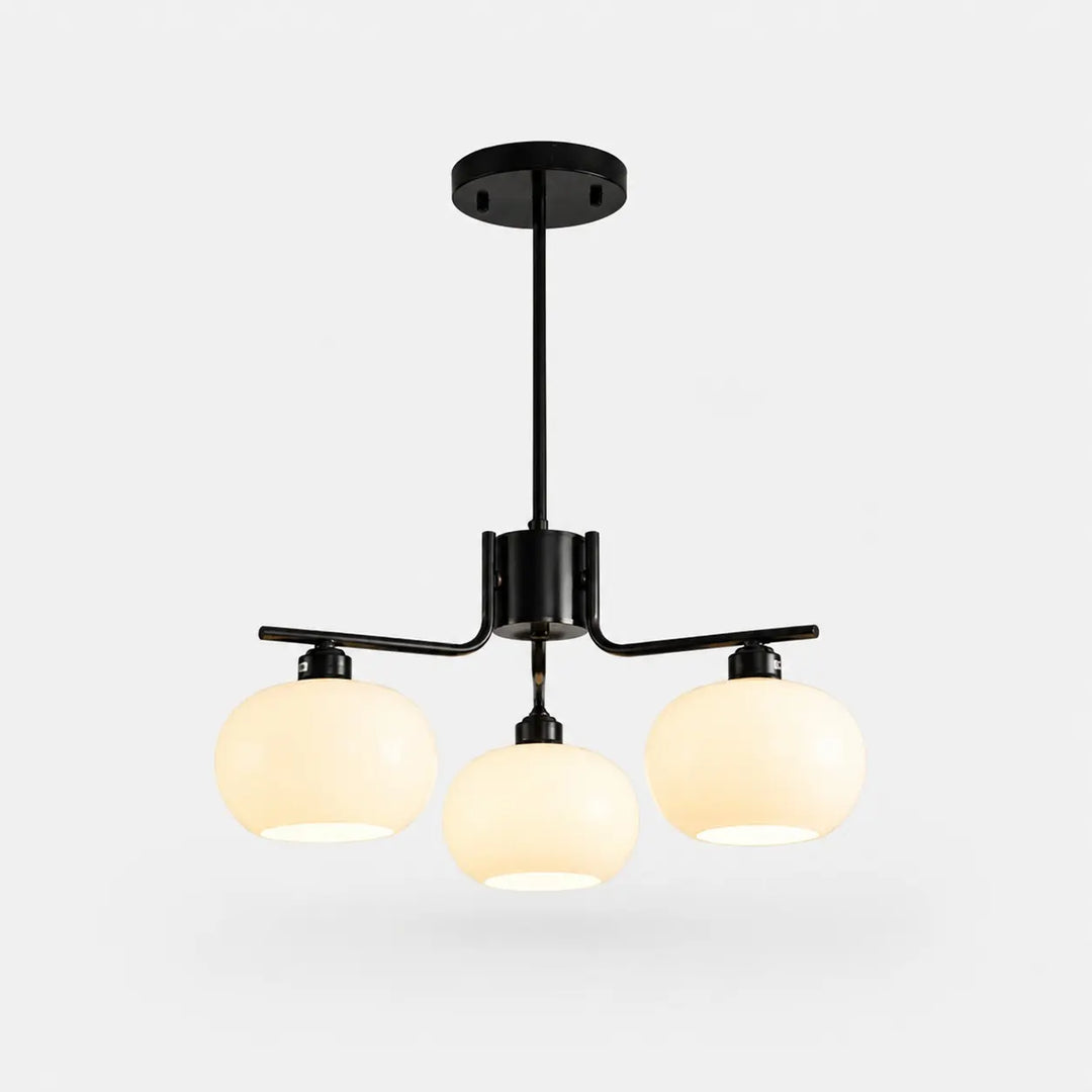 Solid brass black three-light milk glass chandelier