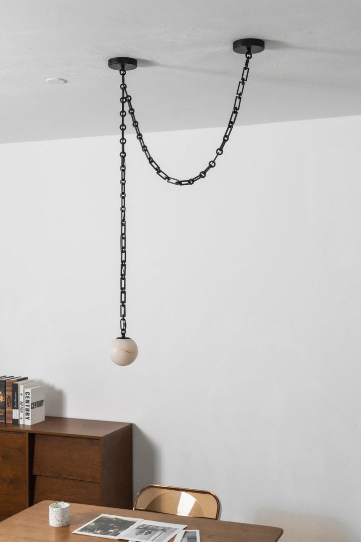 Black Metal Alabaster Globe Hardwired Chandelier
