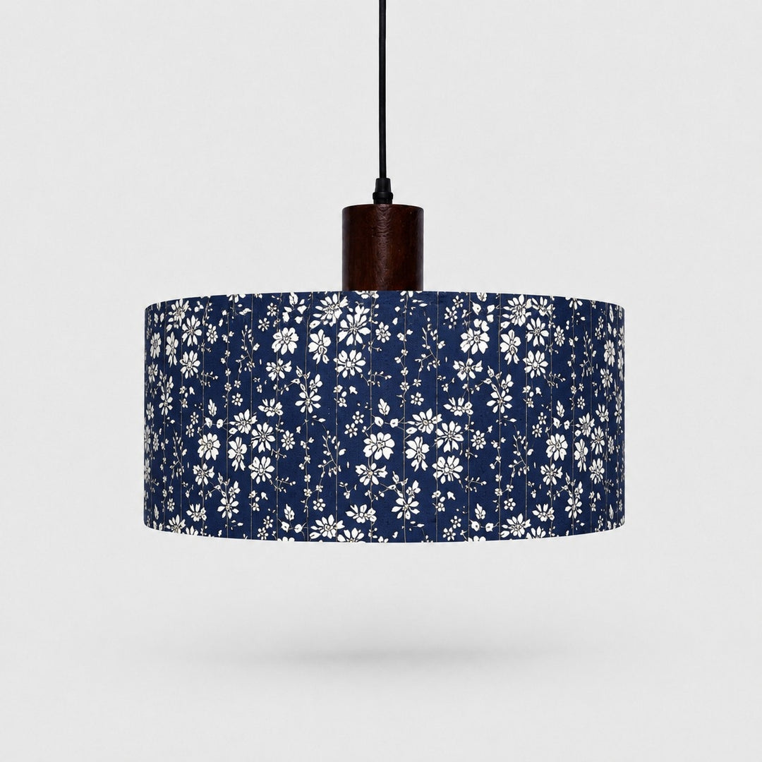 Blue floral patterned fabric drum pendant light, 35 cm shade