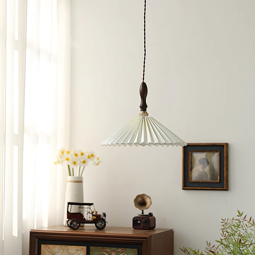 White Fabric Walnut Brass Plug-In Pendant