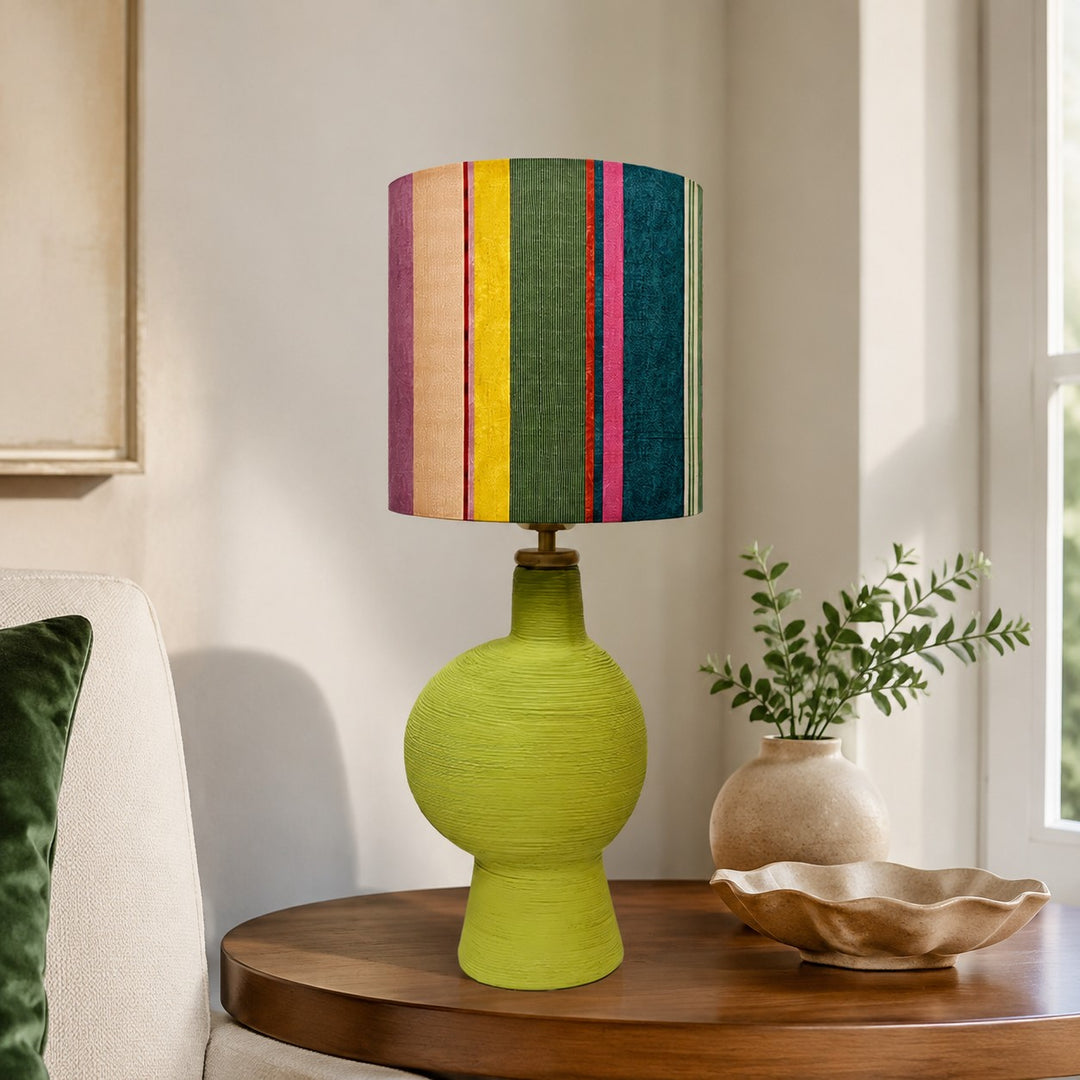 Abstract Multicolor table lamp in a warm room setting