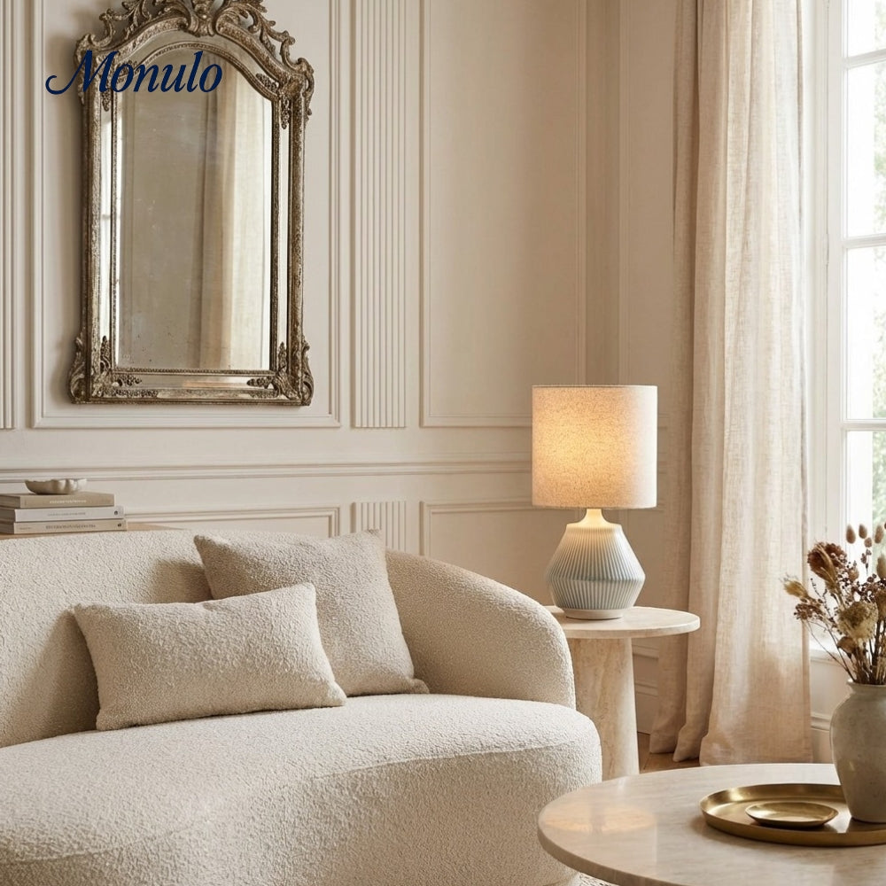 Ceruna Mehrgrößen Keramik-Tischlampe mit Wellenmuster – Gemischte Materialien mit Leinen-Schirm für Wohnzimmer