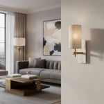 Load image into Gallery viewer, Mavora Linen Shade Wall Lamp with Stone Back Plate – Elegant Bedroom Wall Light
