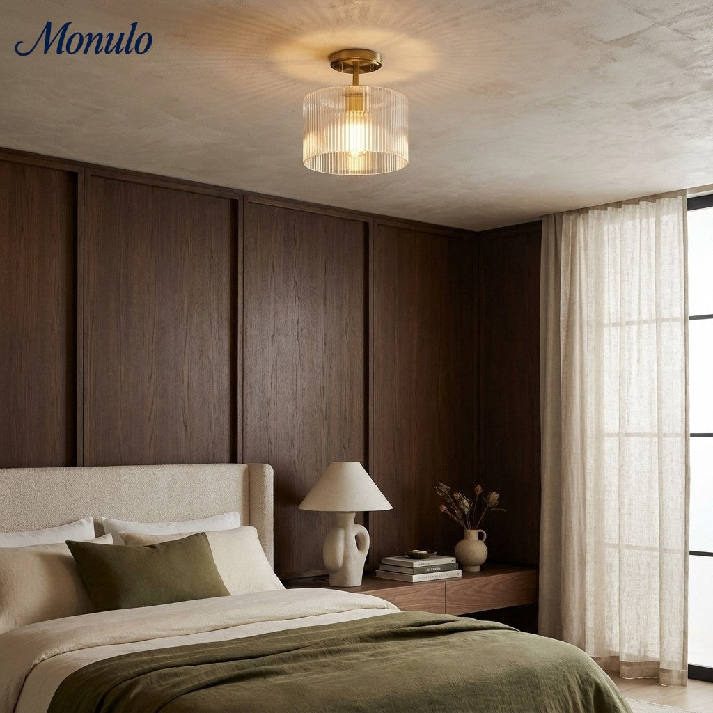 Pelviona Amber Ribbed Glass Ceiling Light – Classic Metal Frame Ceiling Fixture for Living Rooms