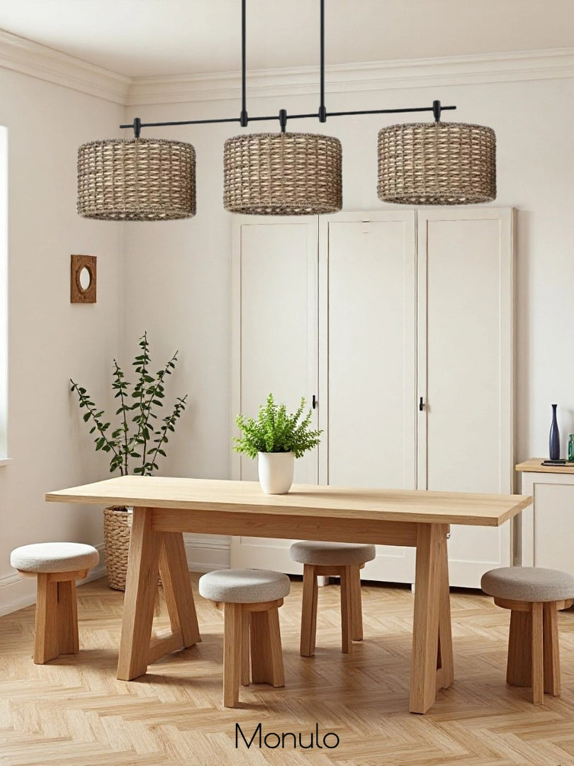 3 Light Rustic Drum Hand Woven Rattan Pendant Light