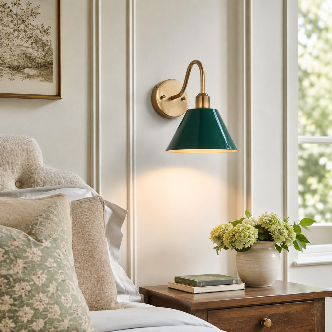 Industrial Modern Tapered Brass Gooseneck Sconce with Metal Silhouette