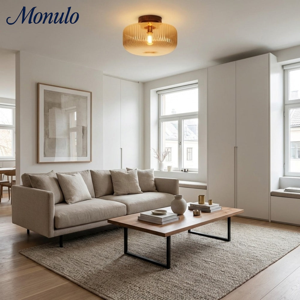 Lámpara de techo de vidrio ámbar estriado Amberflow Retro – Montaje empotrado redondo para pasillos y entradas