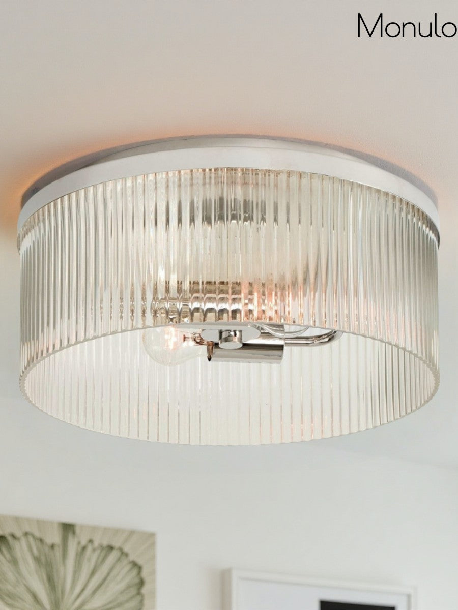Bravira Elegant Ribbed Glass Flush-Mount Ceiling Light – Modern Low-Profile Fixture for Bedroom