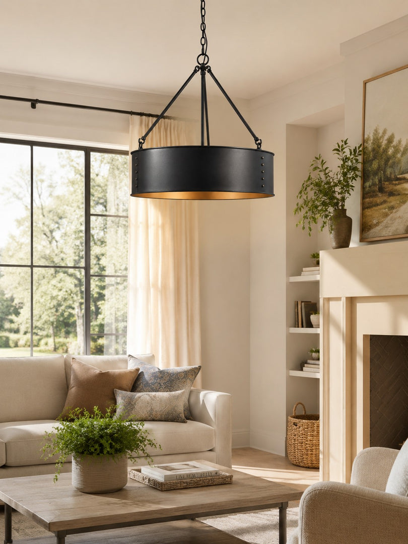 Velara Round Black Drum Pendant Light - Industrial Vintage Style for Dining Room or Living Room
