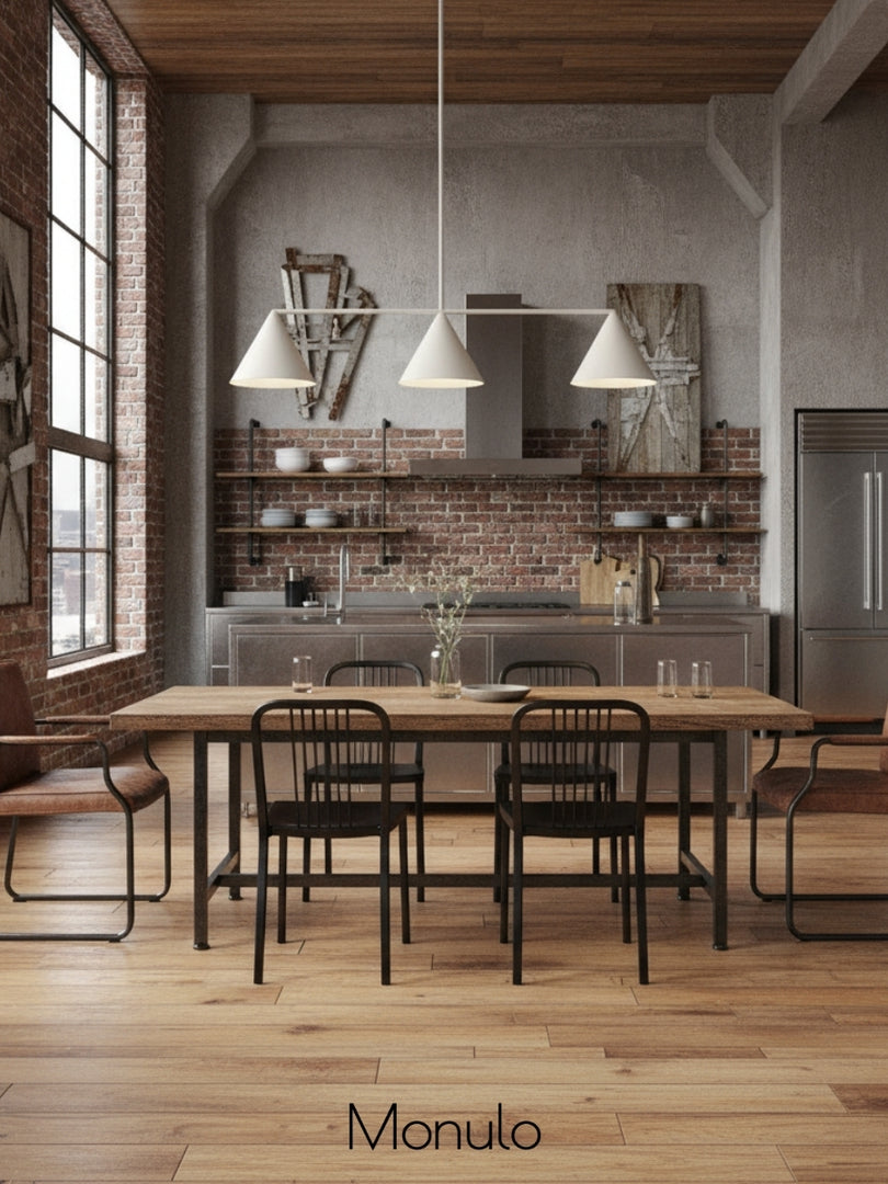 Lámpara de araña de metal con pantalla cónica Brivana: lámpara de comedor minimalista lineal
