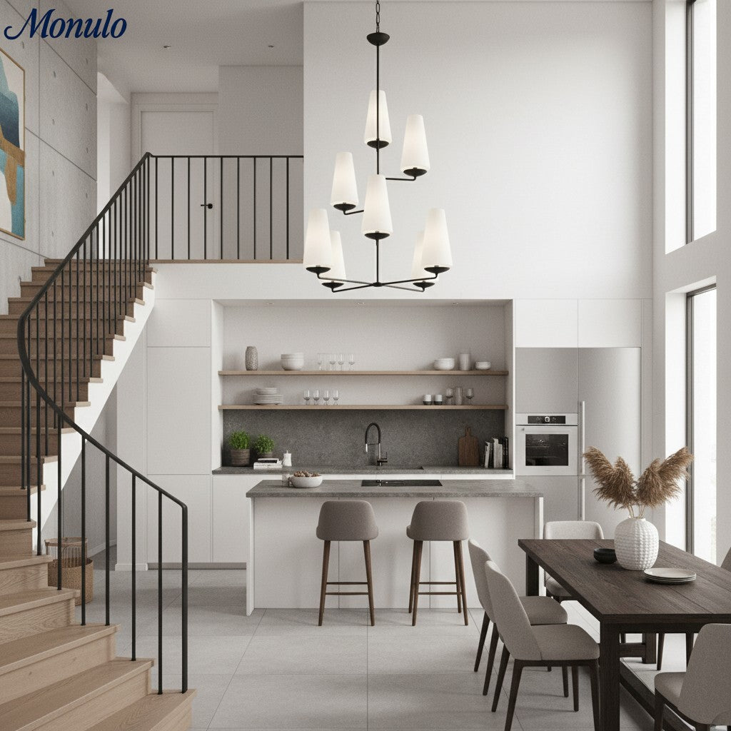 Lustre vertical à plusieurs têtes en étages Rowan - Métal moderne et tissu pour salons et halls d'entrée