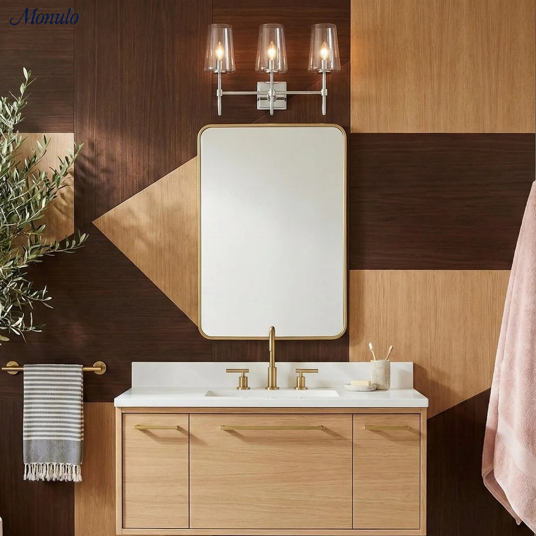 Aplique de vidrio transparente Derlina: elegante aplique para tocador individual o triple