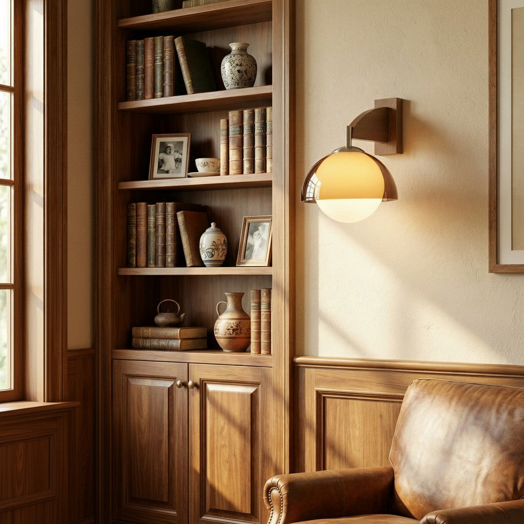 Applique murale Sunset Vintage Modern – Lampe à double abat-jour de la série Sunset avec base texturée en bois