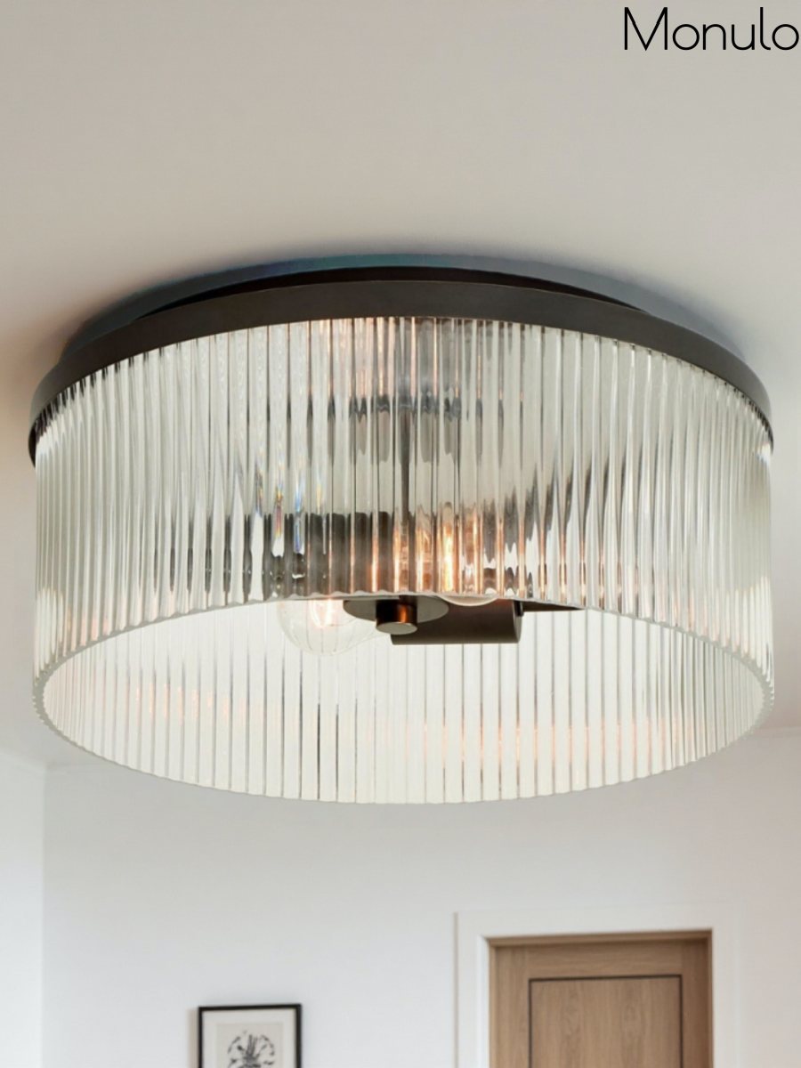 Bravira Elegant Ribbed Glass Flush-Mount Ceiling Light – Modern Low-Profile Fixture for Bedroom