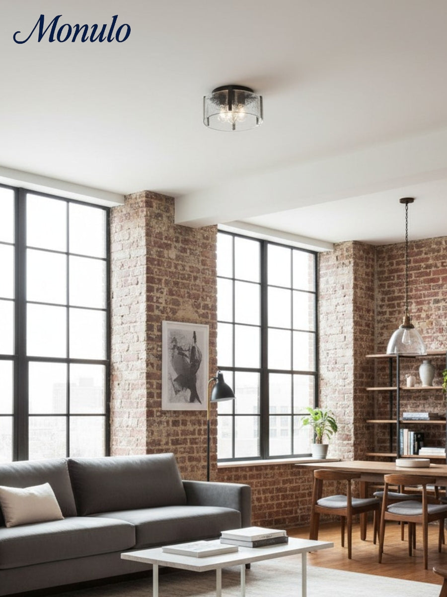 Vintage Semi Flush Mount Ceiling Light - Black and Glass Ceiling Fixture