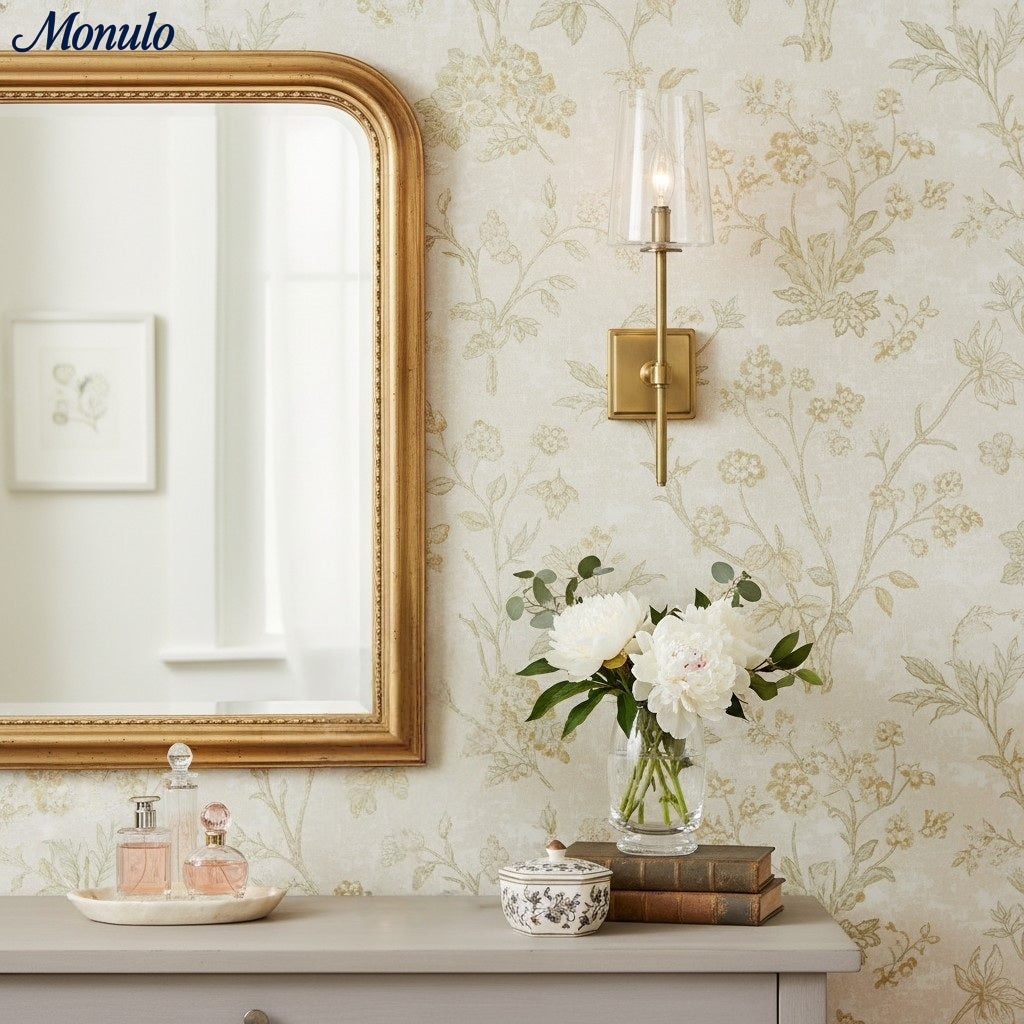 Aplique de vidrio transparente Derlina: elegante aplique para tocador individual o triple