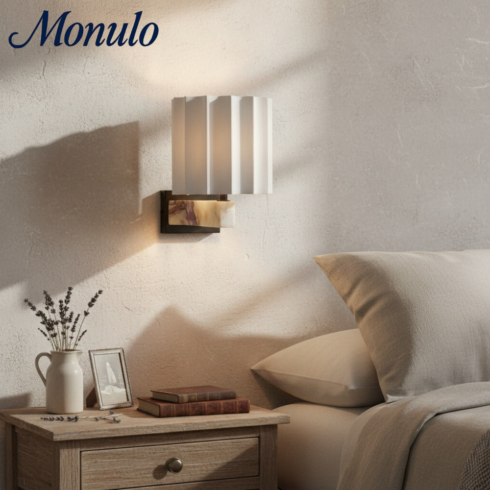 Cavilon Sculpted Marble Wall Light with Elegant Linen Shade for Living Rooms and Hallways