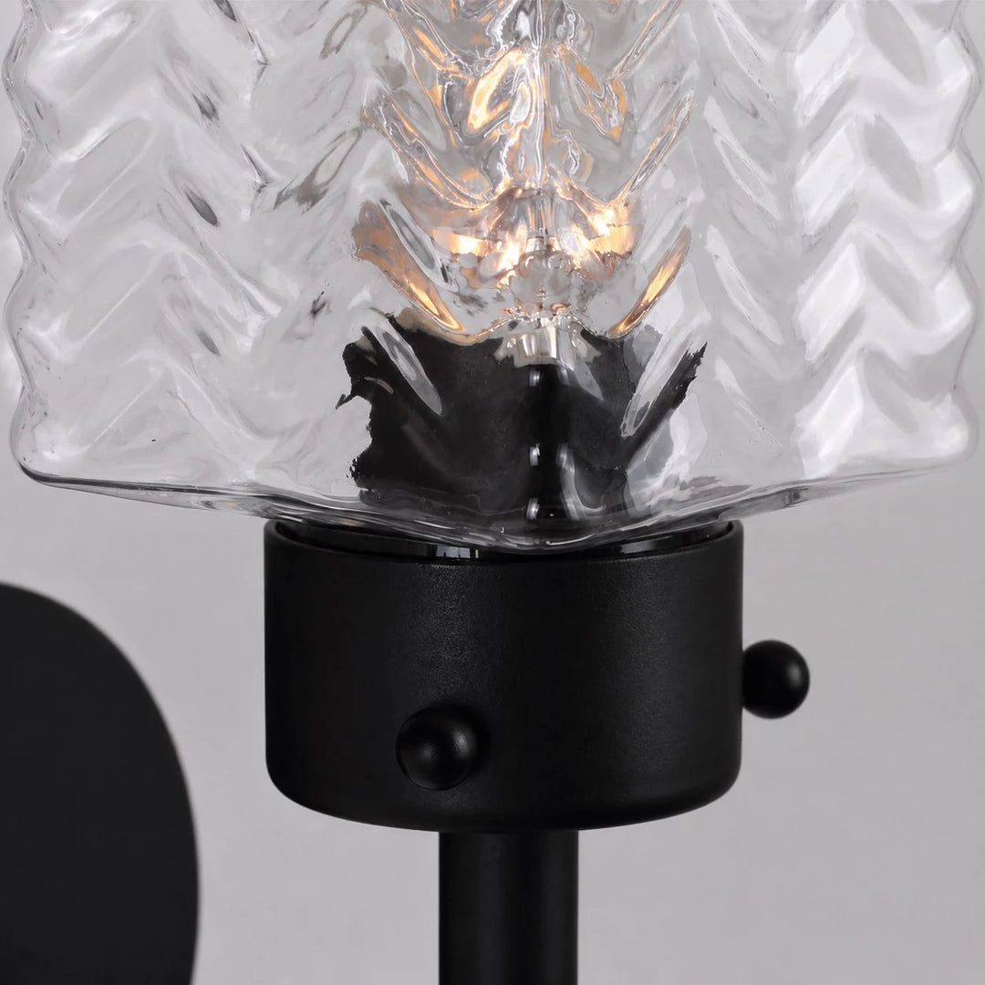 Close view of rippled glass shade with warm bulb