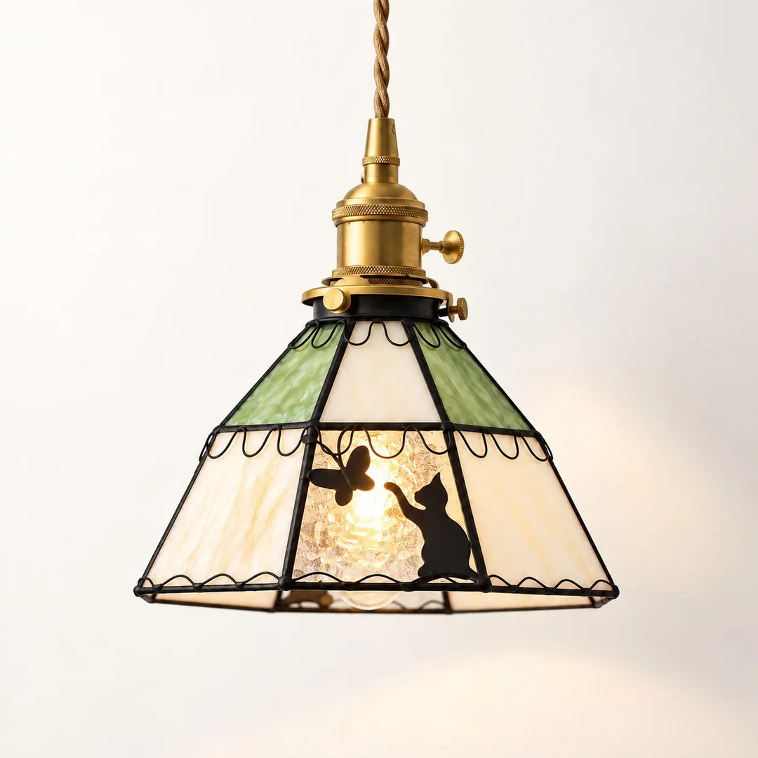 Cat and Butterfly Stained Glass Pendant Light