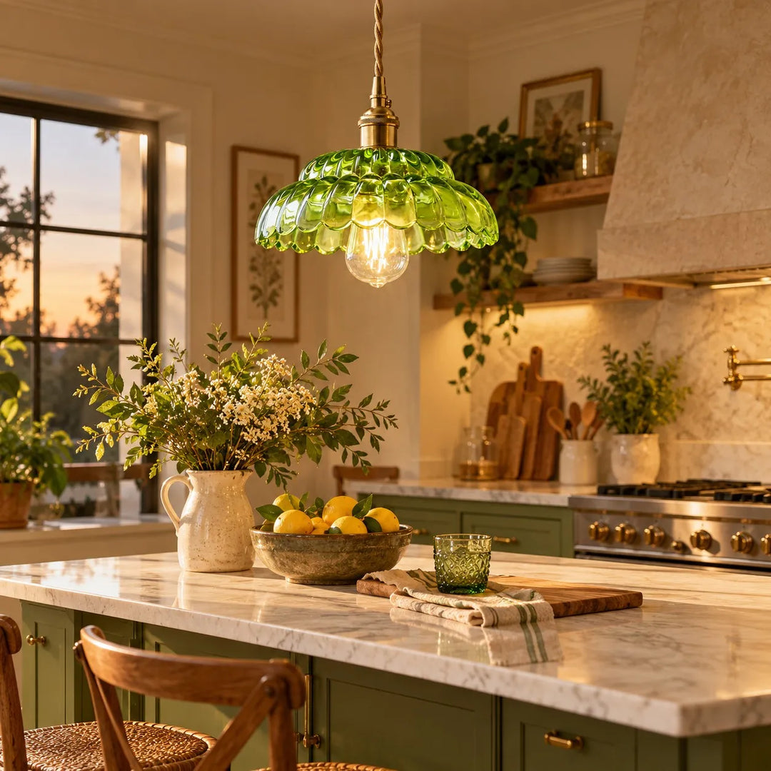 Vintage Brass Puff-Skirt Glass Pendant Lamp