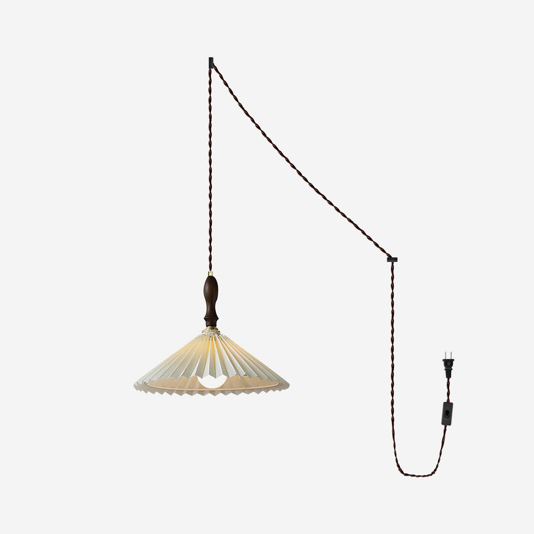 White Fabric Walnut Brass Plug-In Pendant