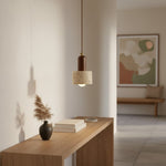 Cargar imagen en el visor de la Galería, Lámpara colgante minimalista japonesa de madera y travertino WabiLum - Iluminación elegante para el dormitorio