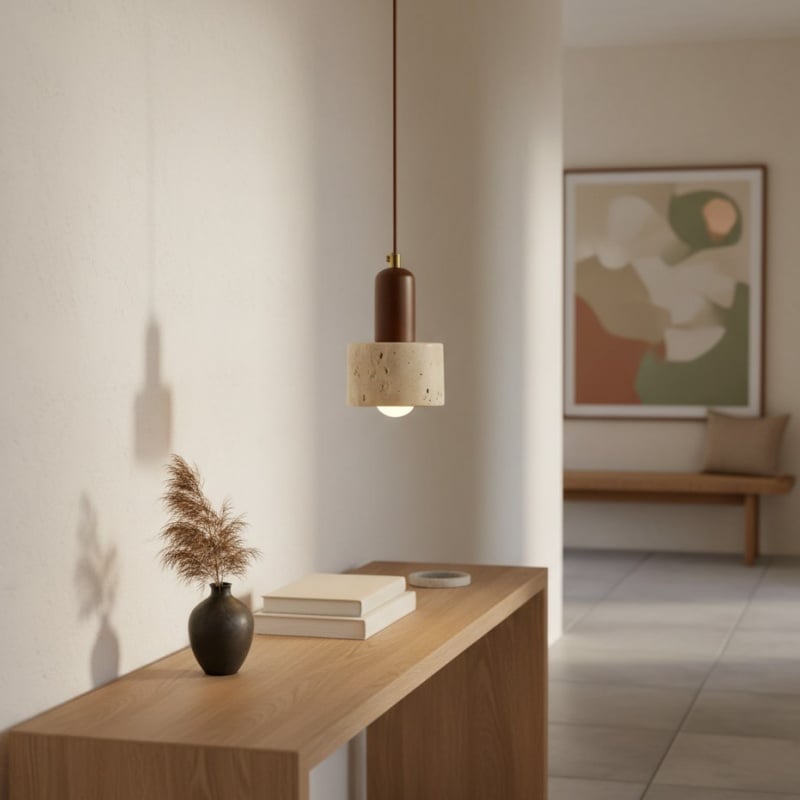 Lámpara colgante minimalista japonesa de madera y travertino WabiLum - Iluminación elegante para el dormitorio