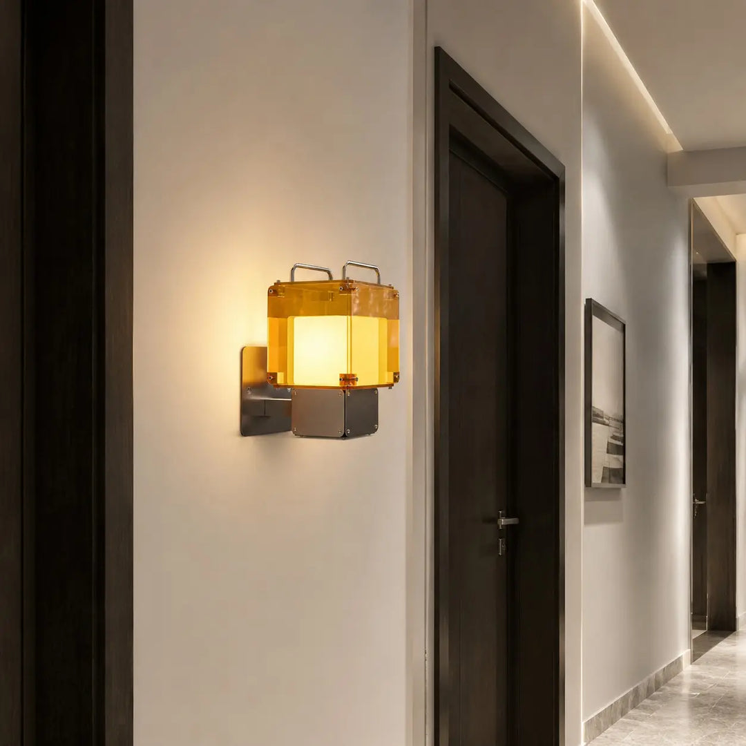 Amber wall light installed in a hallway