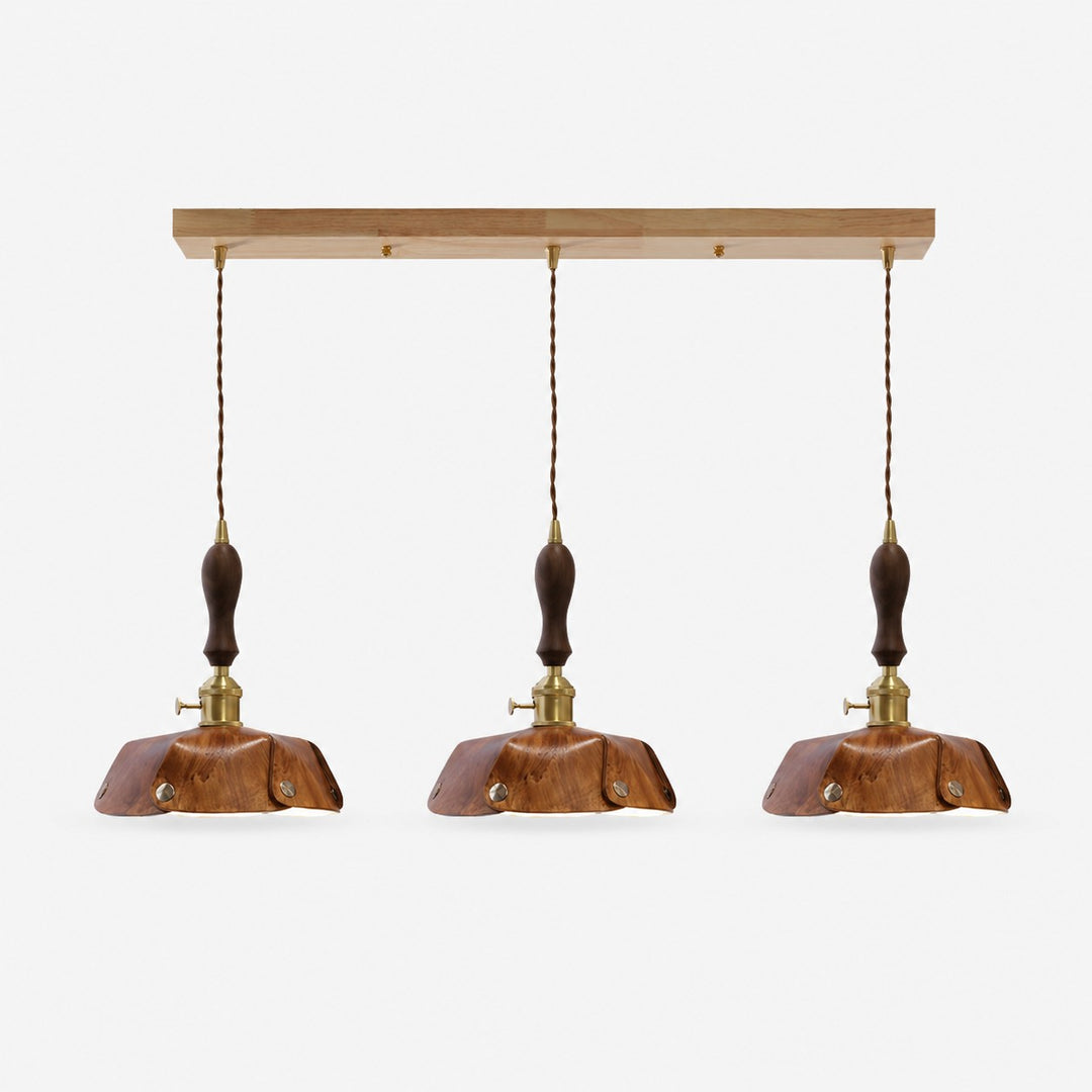 3-Light Linear Pendant Vintage Brown Leather Bar 60 cm / 23.6 in; Shade Dia. 20 cm / 7.9 in
