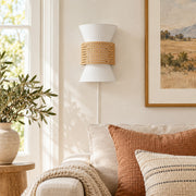 Coastal Boho Fabric and Natural Rattan Plug-In Wall Light for Bedroom and Hallway