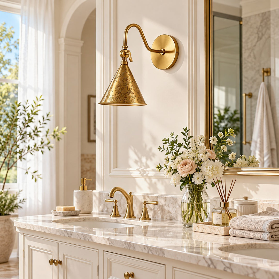 Marble vanity, brass-finish cone, lights off