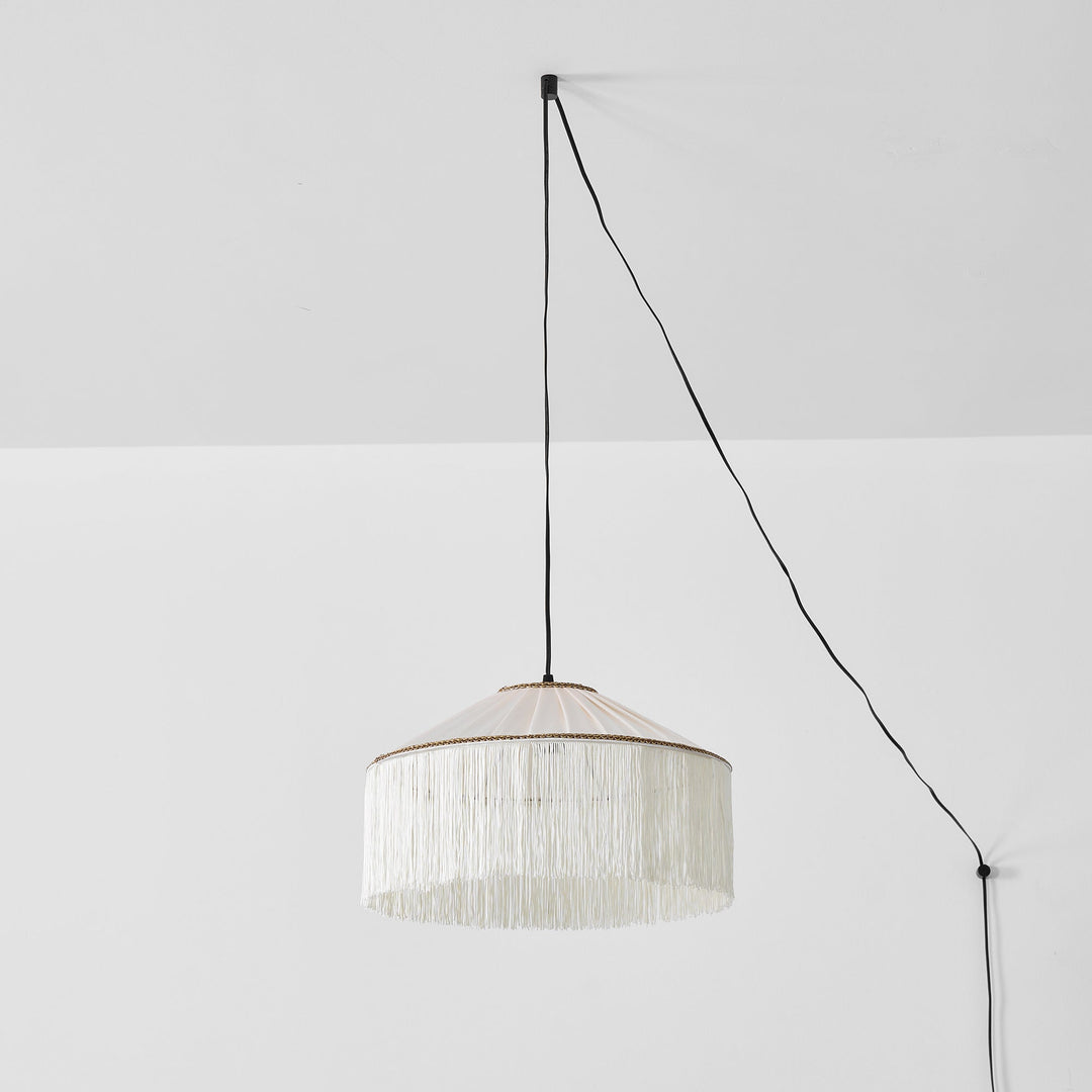 Beige Pleated Fabric Fringe Plug-In Pendant