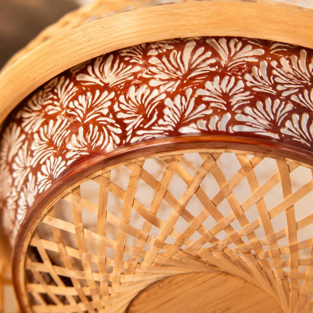 close view of open weave top detail on natural LED table lamp