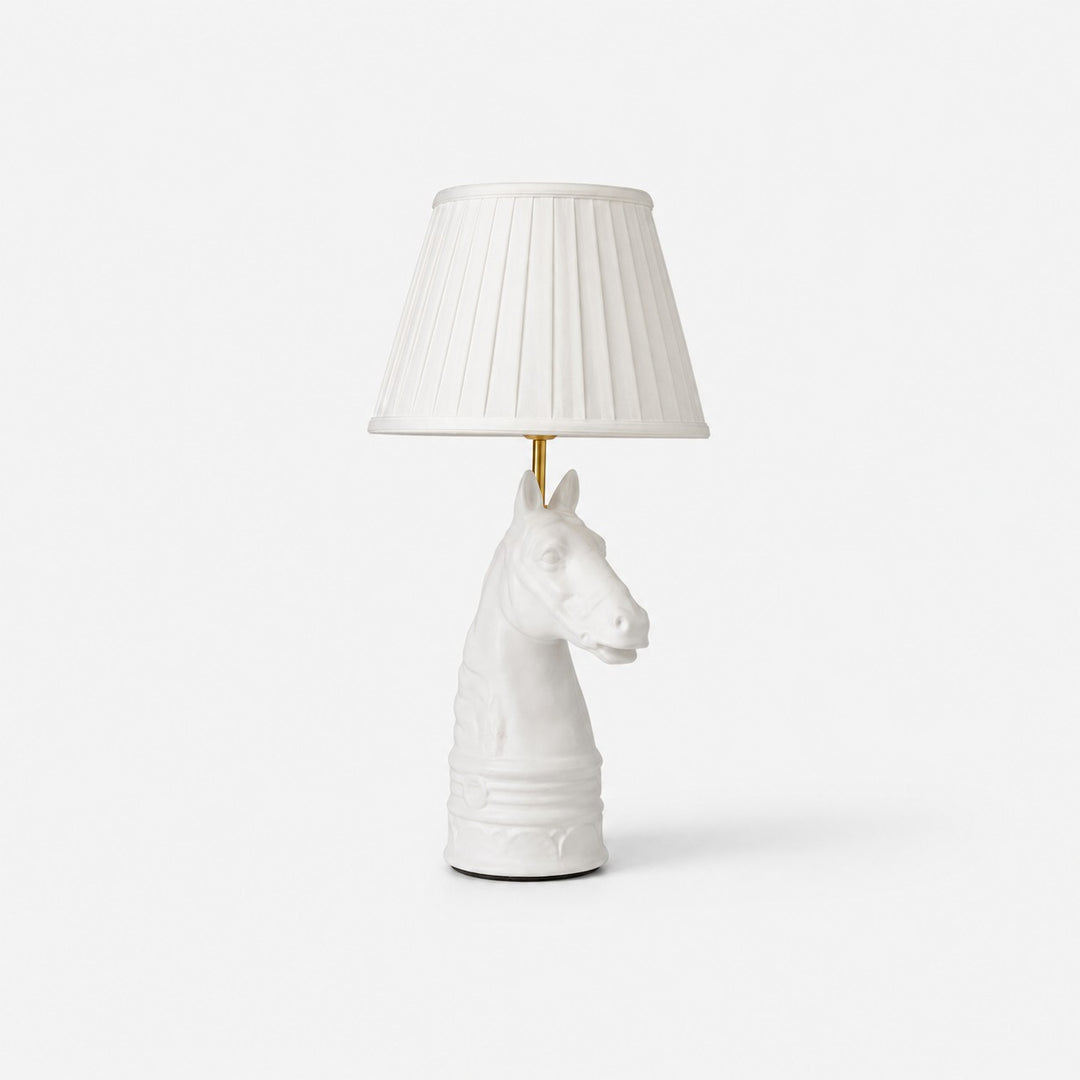 White pleated shade horse head table lamp