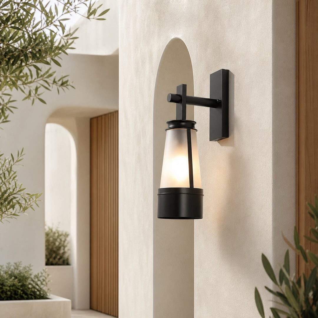 Vintage black outdoor wall lantern in a covered exterior setting 3