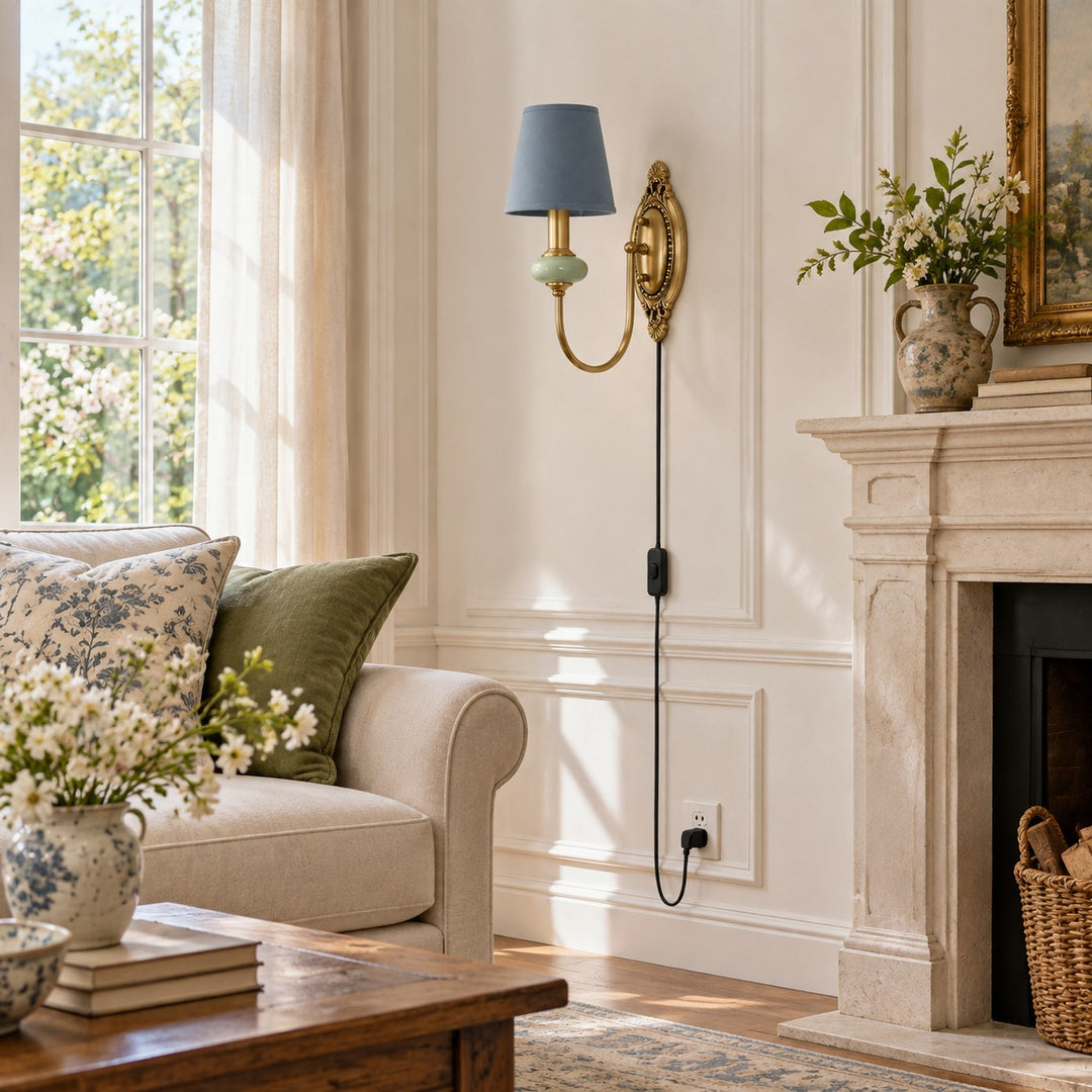 Rowanea Fabric Shade Ceramic Plug-In Wall Sconce