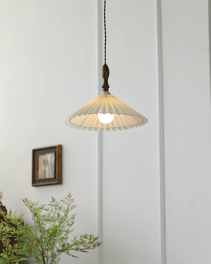 White Fabric Walnut Brass Plug-In Pendant