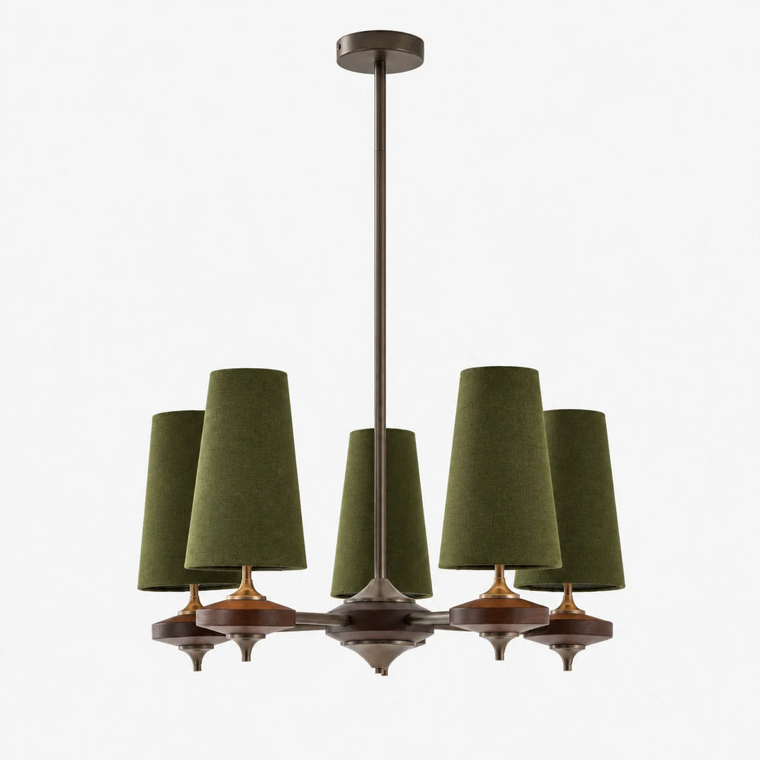 5-light Hour Rho chandelier with green velvet shades