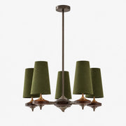 5-light Hour Rho chandelier with green velvet shades
