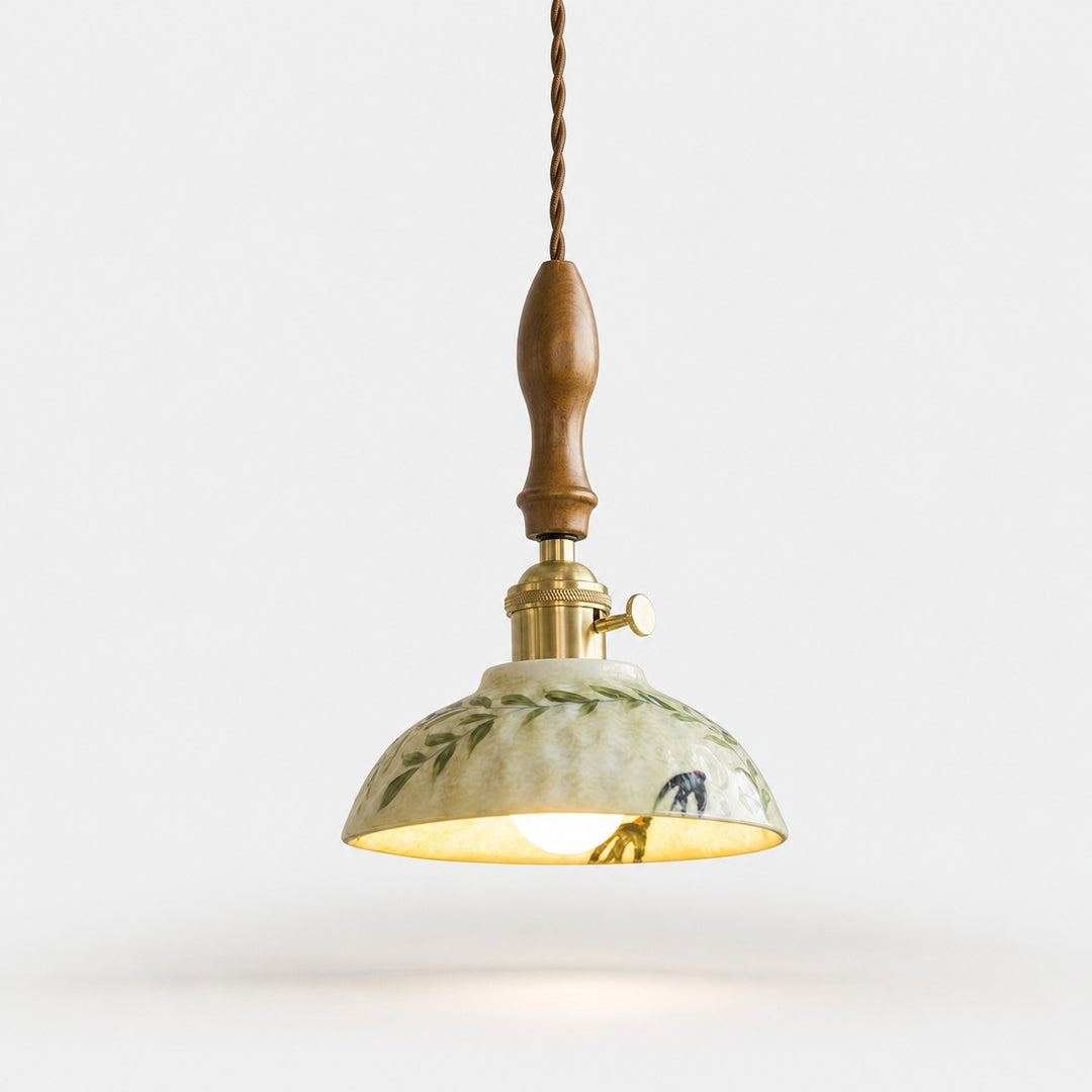 Botanical Glazed Ceramic Pendant Light with Brass-Tone Hardware - Rounded Dome
