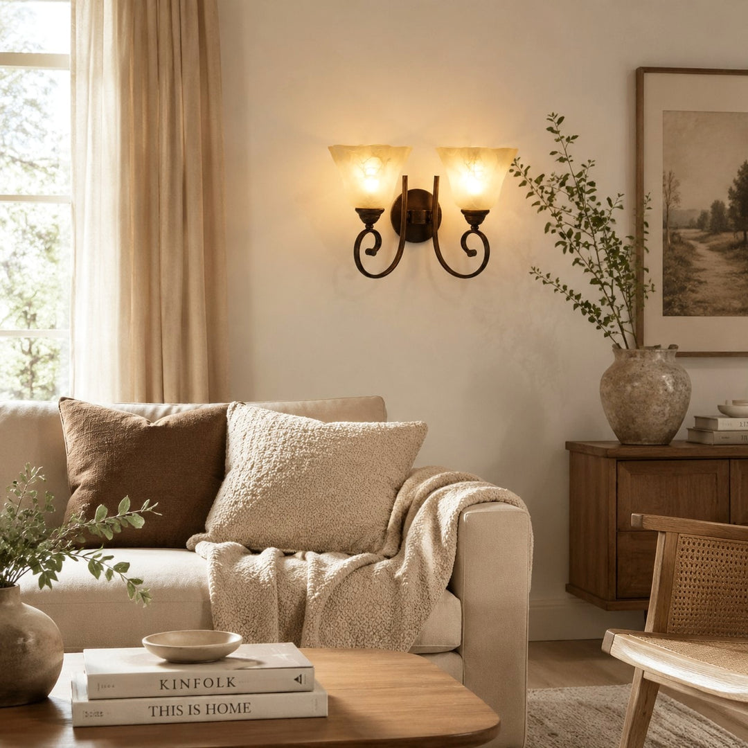 Frosted glass wall sconce in a bright seating room
