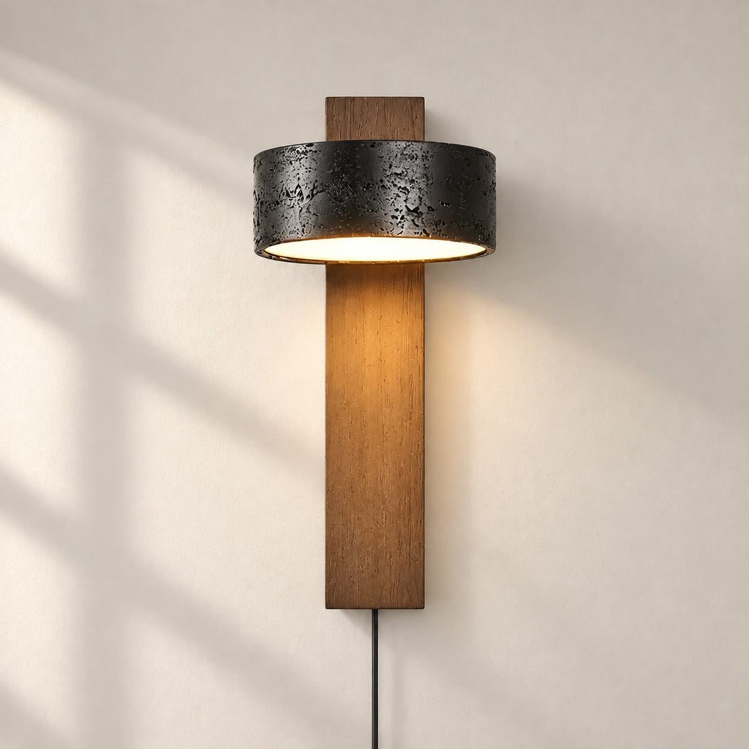 Walnut and Black Travertine Plug-In Wall Sconce with Pull Chain
